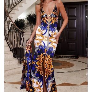 Alis Strappy Versa Blue Printed Scuba Maxi Dress